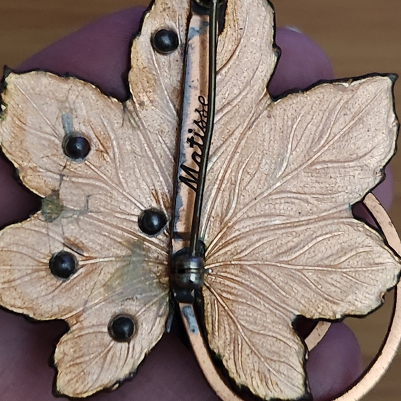 Vintage MATISSE Copper Enamel Red Maple Leaf Brooch & Earrings Set Mid Century - Picture 6 of 7